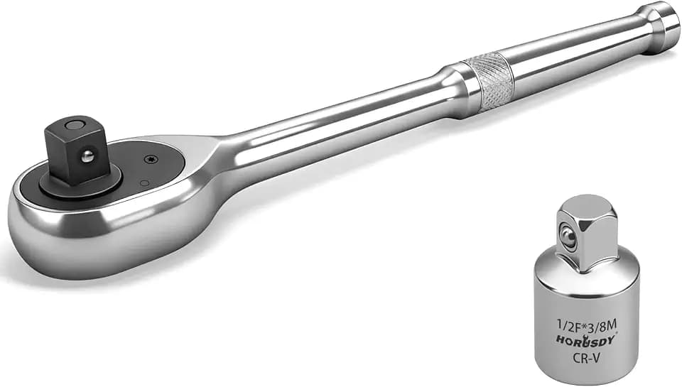 HORUSDY 1/2" Drive 90T Quick-Release Ratchet Handle, Reversible Chrome Alloy Socket Wrench with 1/2" to 3/8" Adapter, Durable and Comfortable for Automotive, DIY, Industrial and Bicycle Repairs