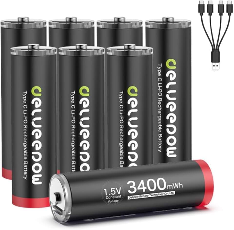 USB-C AA Akkus Lithium Wiederaufladbare, 1.5V 3400mWh USB Wiederaufladbare AA Batterien mit 4-in-1 USB-C Ladekabel, 1 Stunden Schnellladung, 1500 Zyklus, 8 Stück