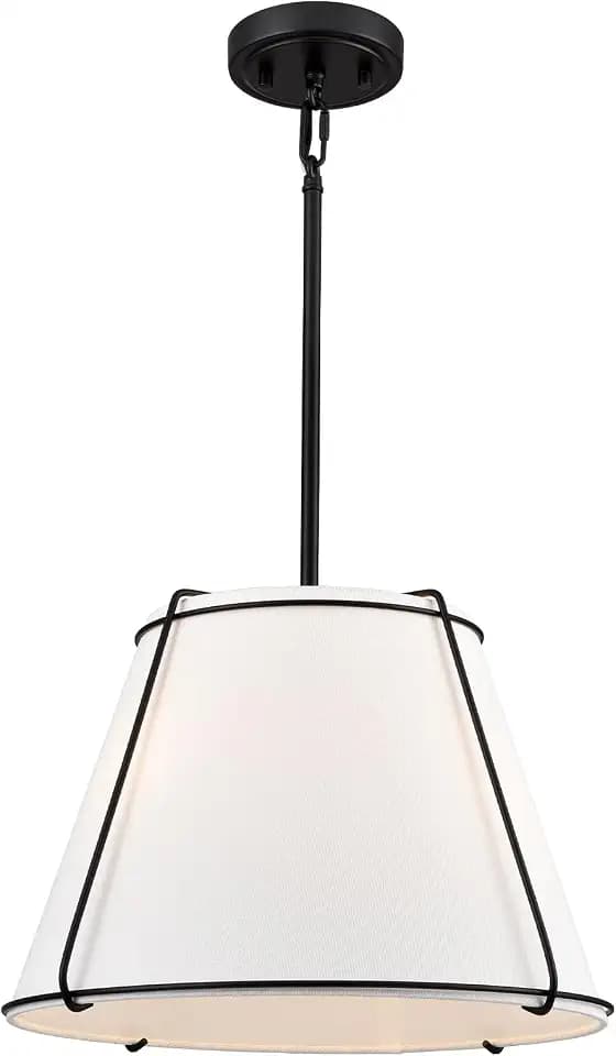 Modern 3-Light 16" Black Pendant Light White Linen Drum Adjustable