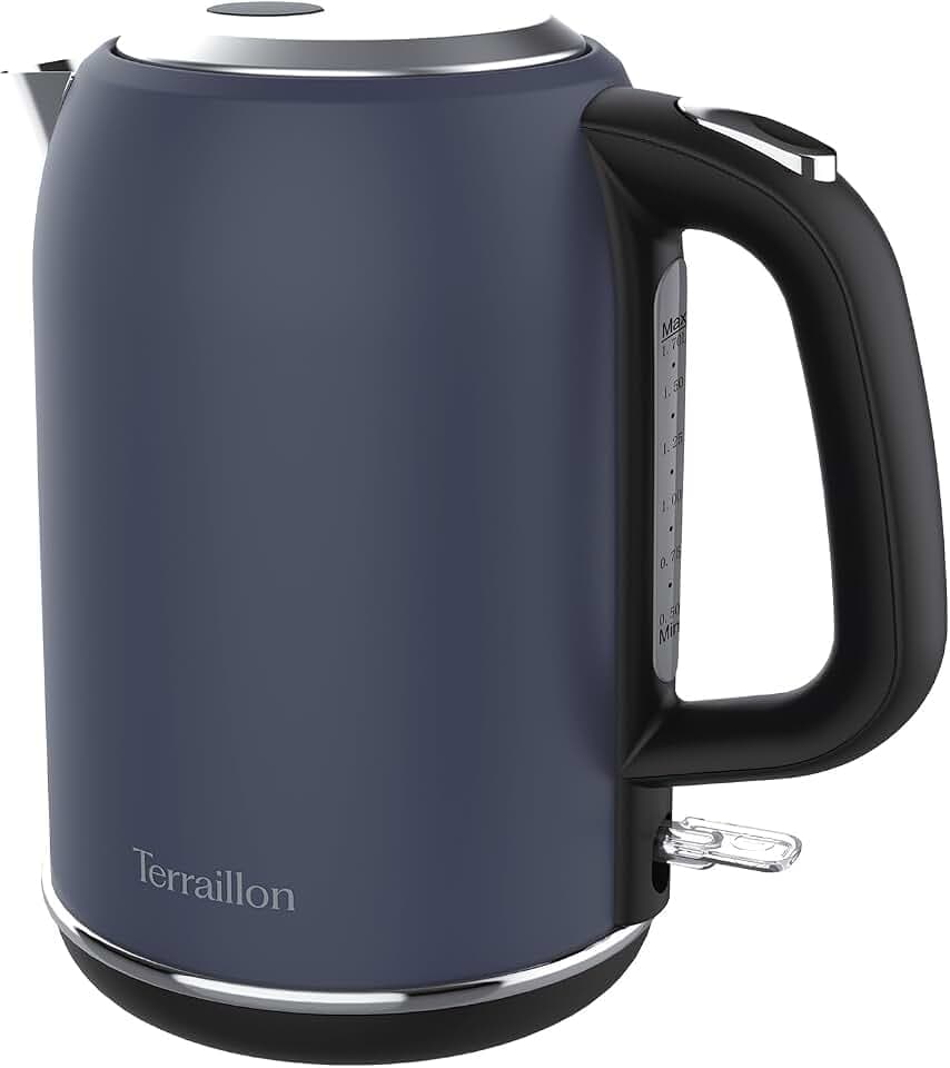 TERRAILLON New Moon Elektrischer Wasserkocher, 1,7 l, 2200 W, 360° drehbarer Sockel, automatische Abschaltung und hintergrundbeleuchteter Knopf, Wasserstandsanzeige, Kalkfilter, Gehäuse aus lackiertem