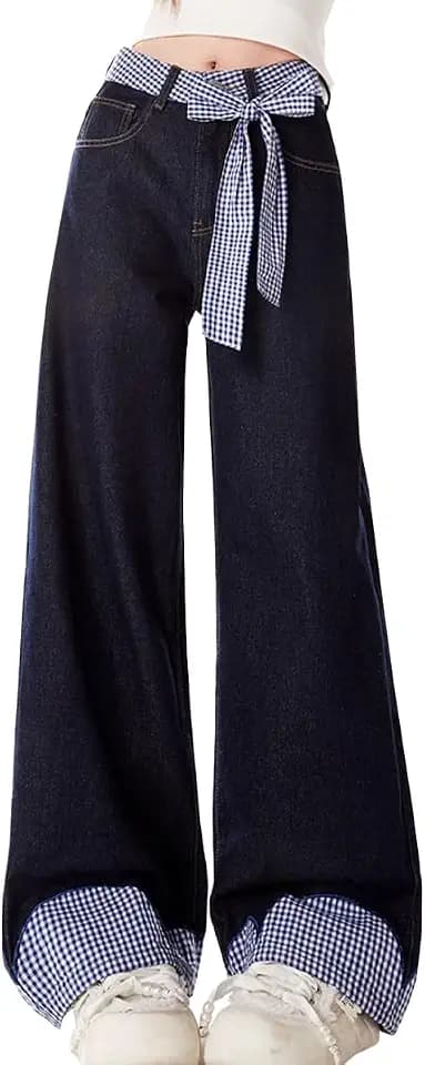 Fashion High Waisted Straight Leg Jeans Y2K Casual Cute Plaid Bow Tie Drawstring Patchwork Denim Pants