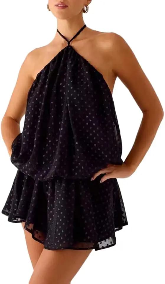 Womens Summer Casual Chiffon Halter Open Back Sun Dress Cute Y2k Going Out Sleeveless Tie Flowy Mini Sundresses