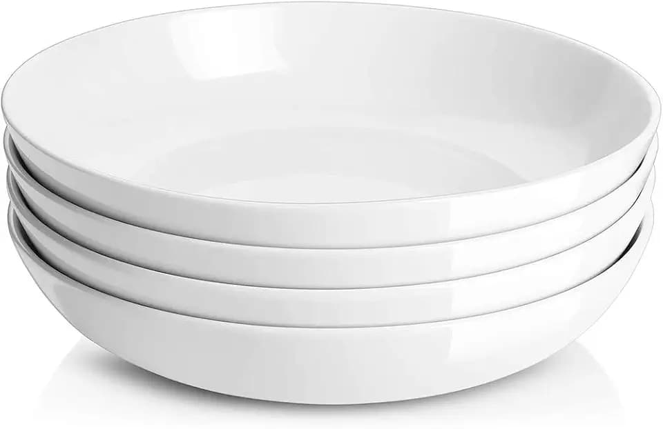 DOWAN 9.75" Pasta Bowls Set of 4, Large Shallow White Ceramic Salad Bowls, 50oz Wide Dinner Bowls for Pasta, Soup, Salad & Stew, Microwave & Dishwasher Safe, Housewarming Gift(Soft White)