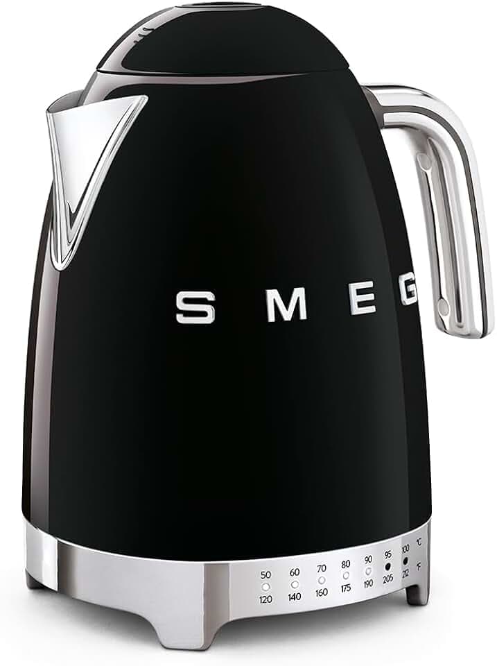 SMEG Variable Temperature Electric Kettle 1.7L (7 Cup), Stainless Steel Tea & Coffee Kettle, Fast Boil, Adjustable Temp 122°F–212°F, Keep Warm, Auto Shut-Off, 360° Base, Retro Style-Black