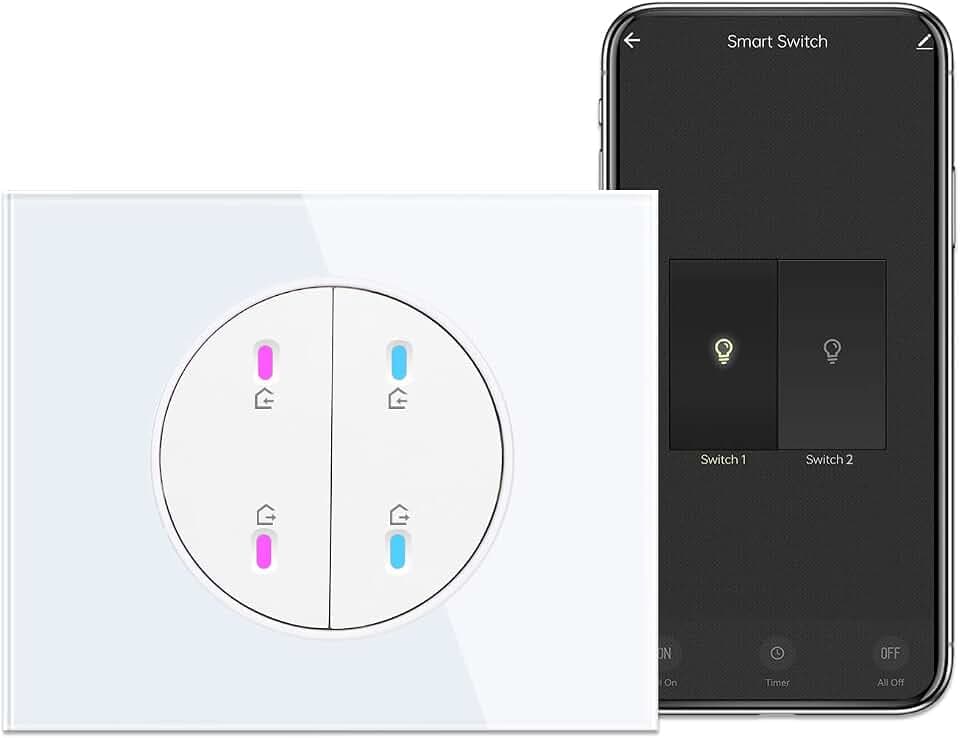 CNBINGO Smart Lichtschalter unterputz mit Weiß Glas Platte, WLAN Kipplichtschalter Arbeiten mit Alexa, Google Assistant, Runden Mechanischer Wandlichtschalter, Neutrale Leitung benötigt, 2-Fach