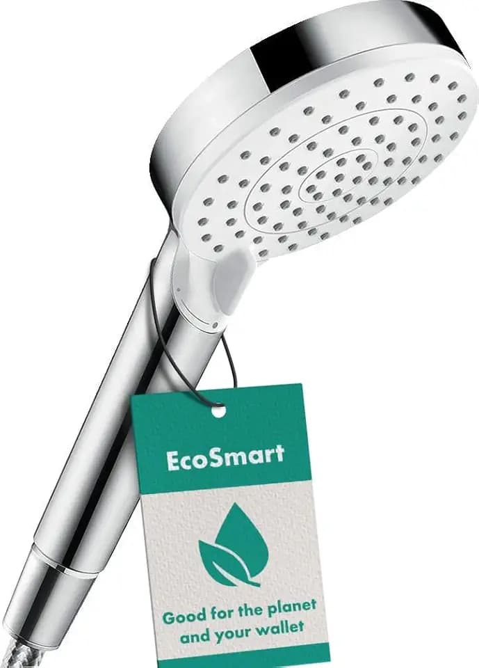 hansgrohe Crometta - wassersparender Duschkopf 6,7 l/min (EcoSmart), Handbrause mit 2 Strahlarten, runde Duschbrause (100 mm), Sparduschkopf mit Antikalk-Funktion, Weiß/Chrom, 26332400