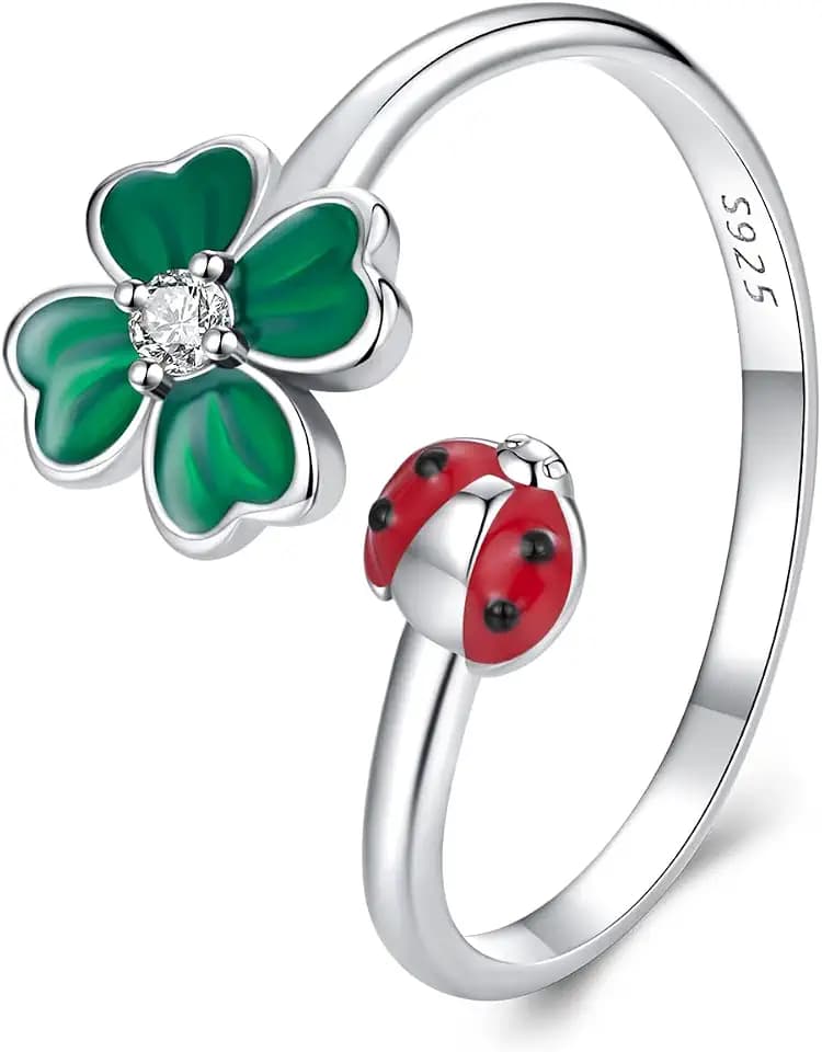 Shysnow Sterling Silver 925 Four Leaf Clover Ring St Patricks Day Gifts Bee Dragonfly Butterfly Animal Open Adjustable Ring Flower Jewelry for Women