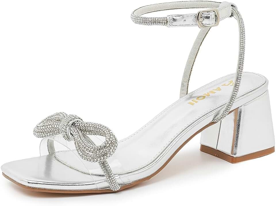 Amoji Women's 2 Inch Heels Rhinestone Block Clear Heeled Sandal Ankle Strap 341