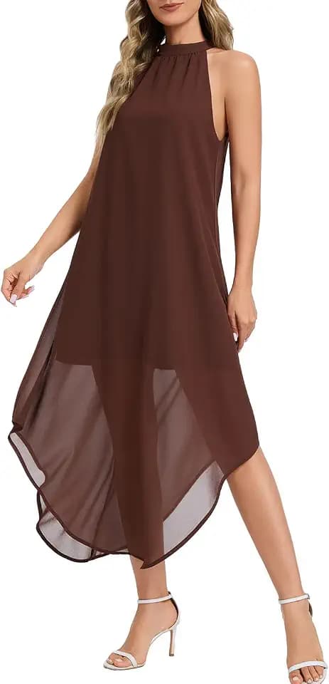 Women's Halter Wedding Guest Dress 2026 Flowy Chiffon Sleeveless Maxi with Asymmetrical Hem for Summer Formal Events