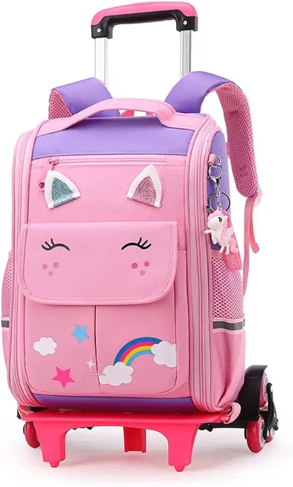 Tanou Trolley Rucksack mit 6 Rollen, 16 Zoll Leichte Schulranzen mit Rollen für Mädchen in der Grundschule, Abnehmbare Schulrucksack Trolley für Schule Reisen, 1-3 Klasse, Rosa Lila
