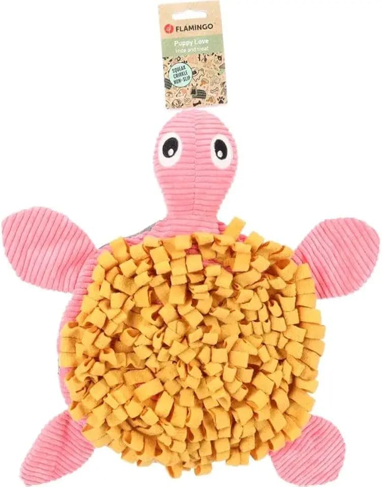 Flamingo Schnüffelteppich Welpe Morgano Schildkröte Ocker & Rosa - 38x32x9cm - Mit Anti-rutsch, Squeaker und knistergeräusch - Mit Snacks oder Trockenfutter befüllbar