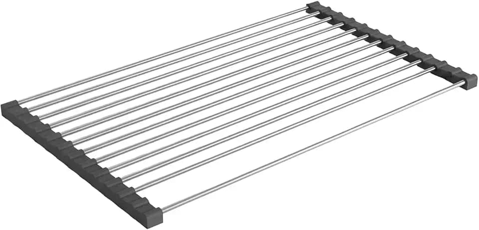 Wintem - Aufrollbares Abtropfgestell für die Spüle aus Edelstahl, 43 x 35 cm, hitzebeständig, leicht zu reinigen, ideal als Abtropfgestell und platzsparende Ablagefläche