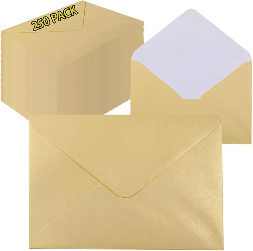 A7 Beige 5x7 Envelopes 250Pcs, 120g Pearl Paper with Gold Stickers