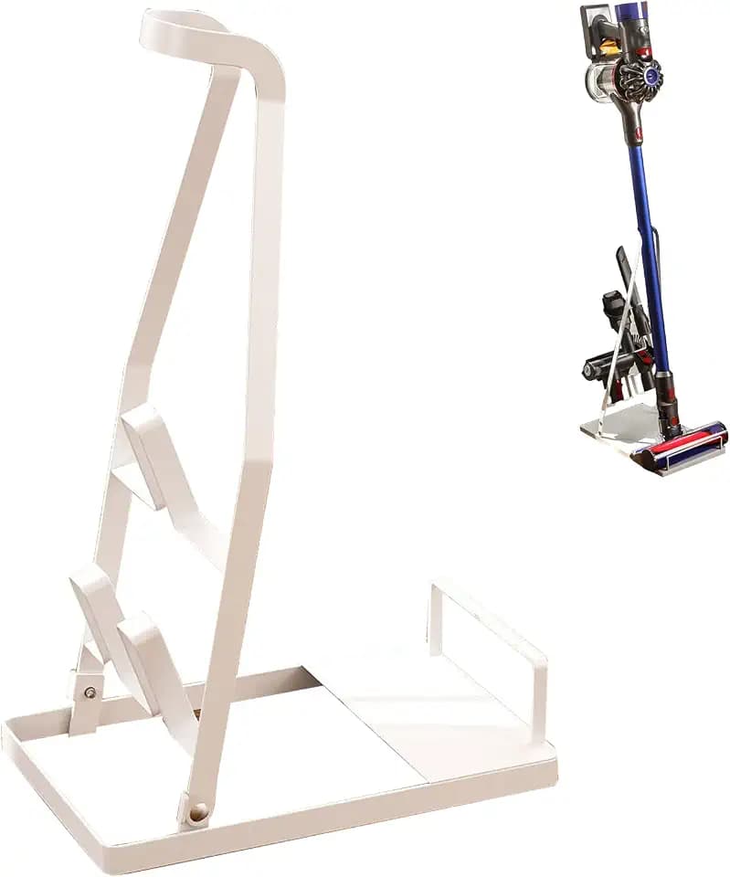 No-Drill Vacuum Cleaner Stand, Sturdy Metal Storage Rack with Large Base, Accessory Docking Station Holder, Compatible with Most Cordless Stick Vacuums, Home Organizer (White)