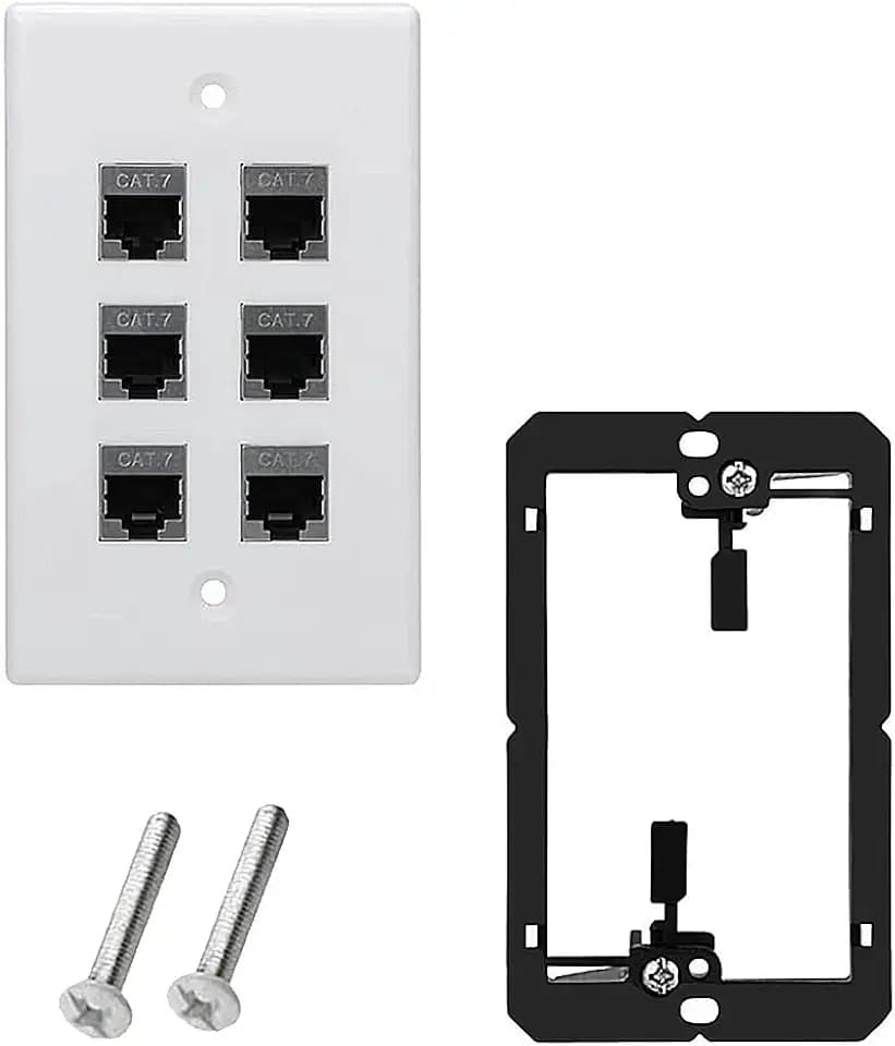 6 Ports Ethernet Wall Plate With Bracket, 10Gbps 600MHZ, Cat7 RJ45 Female to Female Coupler Keystone Module, Solder-free Pass Through Face Plate for TV Modem Laptop Switch ADSL