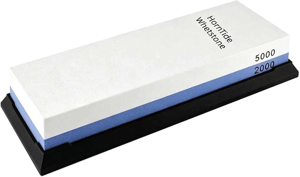 HornTide 2000/5000 Grit Combination Whetstone, Two-Sided Knife Sharpener, 7-Inch Sharpening Stone, Plastic Stand Included