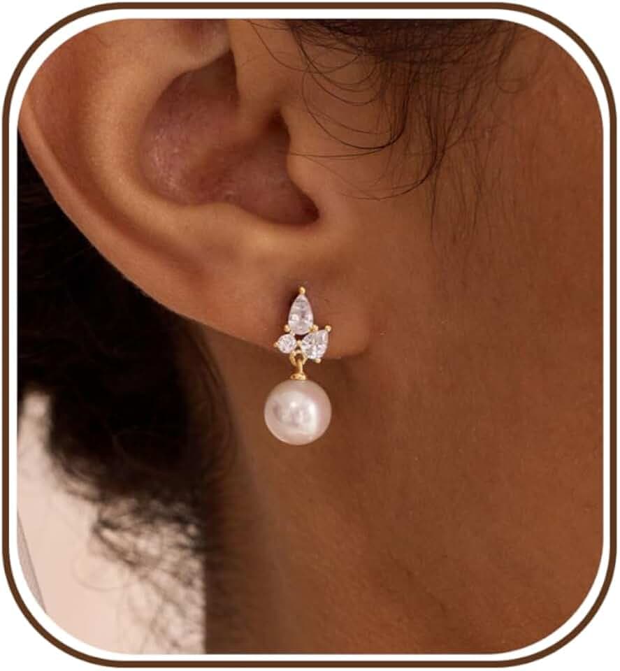 Gold Pearl Earrings for Women, Dainty Wedding Bride Earrings 14K Gold Plated Pearl Drop Earrings for Women Trendy Formal Pearls Earring Cute Hoco Prom Pearls Jewelry