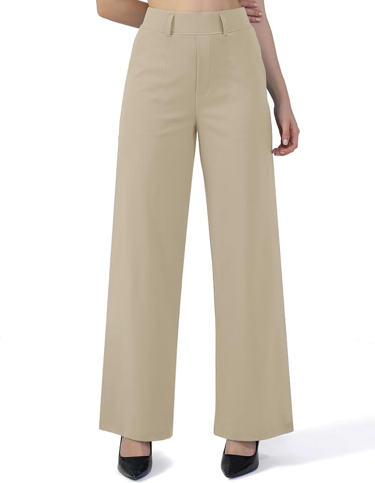 Womens Wide Straight Leg Work Pants Pull On Dress Pants Business Casual Trousers Slacks with Pockets