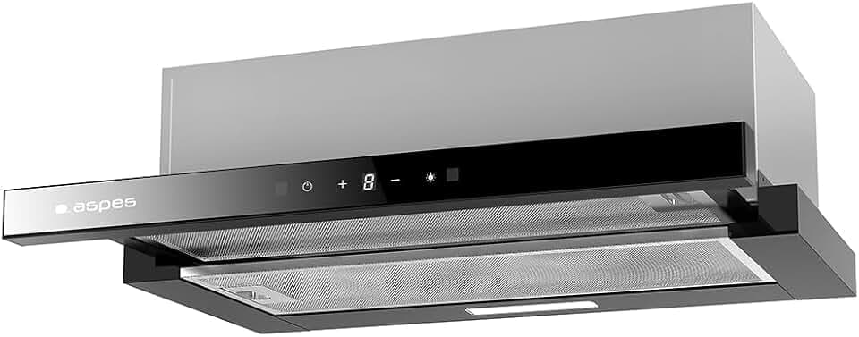 Aspes ACPE602ADX Teleskopische Dunstabzugshaube, 60 cm, schwarzes Glas, Leistung 372 m³/h, 3 Geschwindigkeiten, 2 Filter, 65 dB, Geräuschpegel, Touch-Steuerung, spülmaschinenfester Filter