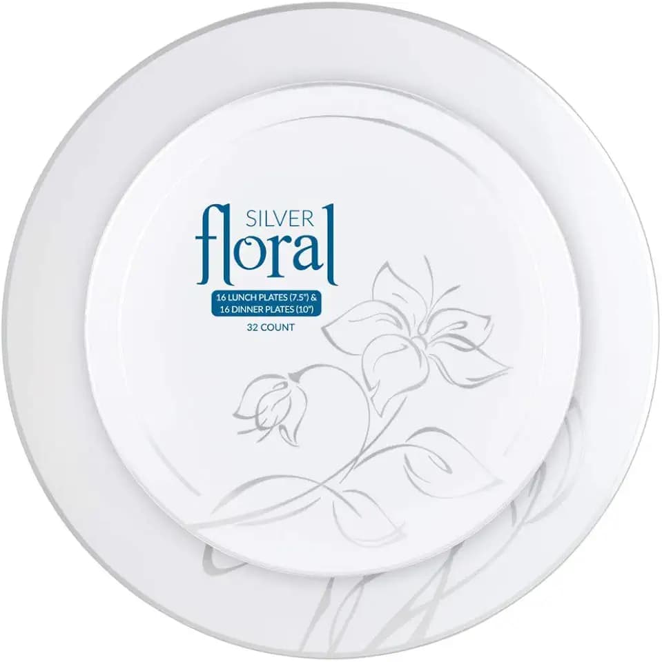 Silver Floral Plates Combo, Case of 128 (4 packs x 32)