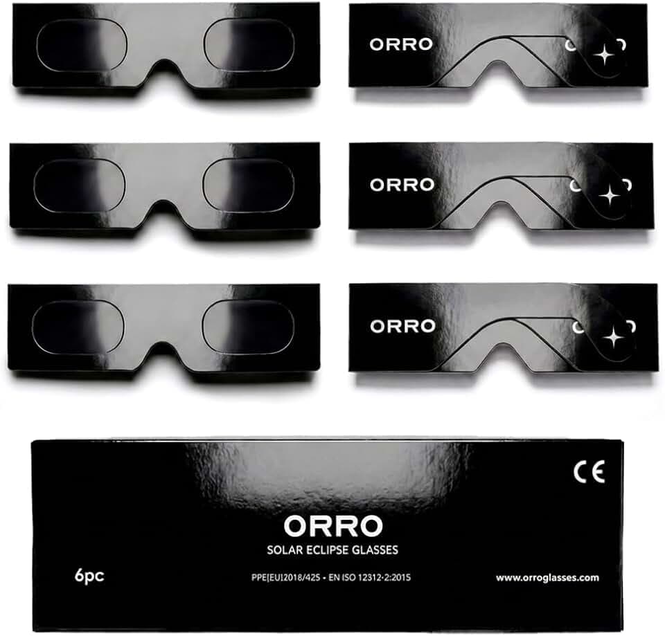 ORRO Sonnenfinsternis-Brillen 45 mm, 2er-/6er-/12er-Pack, Schwarz, Passt über Korrekturbrillen, Zertifizierter Augenschutz, EN ISO 12312-2:2015 geprüft, CE-gekennzeichnet – Randpassform