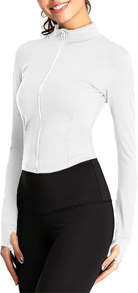 Damen Laufjacke Langarm Gym Yoga Activewear Reißverschluss Tops Workout Crop Slim Fit T-Shirt Sport Tee mit Daumenlöchern