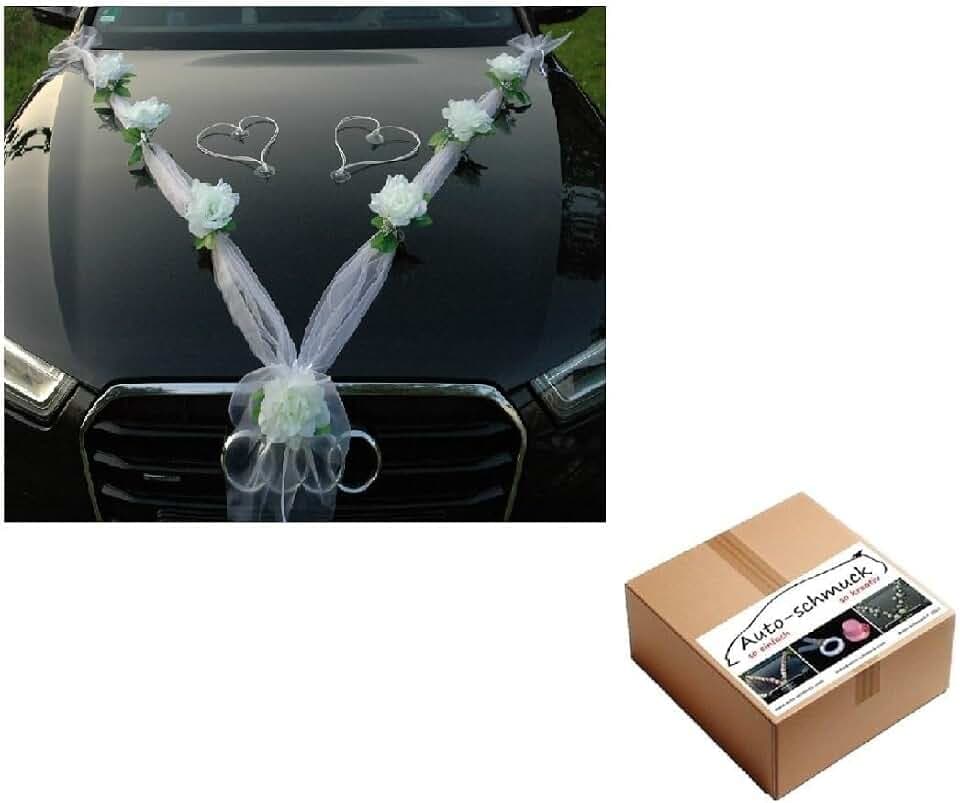 Organza M + Herzen Braut Paar Rose Deko Dekoration Autoschmuck Hochzeit Car Auto Wedding Deko Ratan Girlande ®Auto-schmuck PKW (Weiß/Weiß/Weiss)