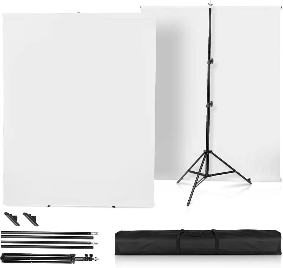 White Screen with Stand，Heorryn 2x1.5M Whitescreen Chromakey Background with Photography Support Stand Kit for Photoshoot Stream Gaming Photo Video Recording