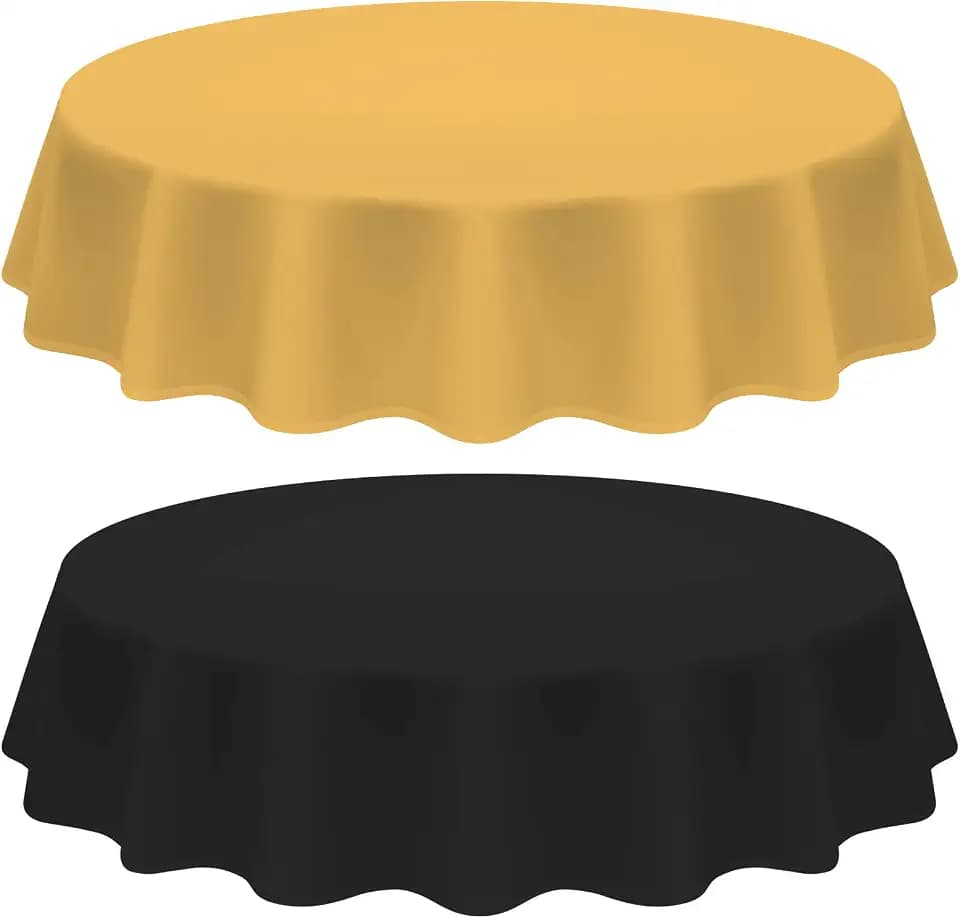 Amylove 2026 Black and Gold Plastic Tablecloths Bulk, Graduation Tablecloth 84 Inch Round Waterproof Table Cover for Anniversary Graduation Party Christmas Birthday Wedding Decorations