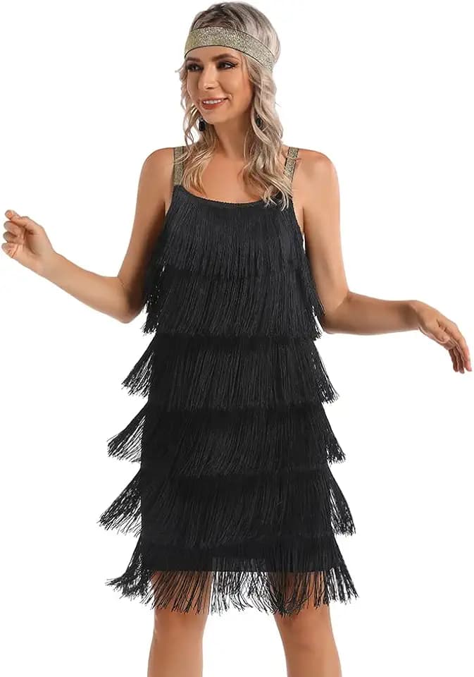 Women's Great Gatsby Flapper Spaghetti Tassel Dress with Headband, 20s Elegant Mini Dress Party Accessory COSTUME OUTFIT (XL, Black)