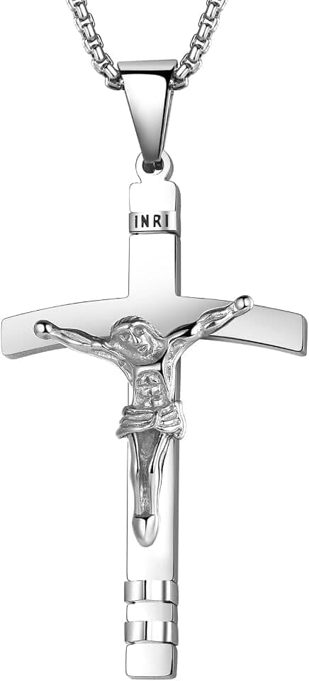 JewelryWe Schmuck Herren Halskette Katholische Jesus Christus auf INRI Kreuz Kruzifix Edelstahl Anhänger mit 22 Zoll Weizenkette Retro Kette Geschenk für Männer