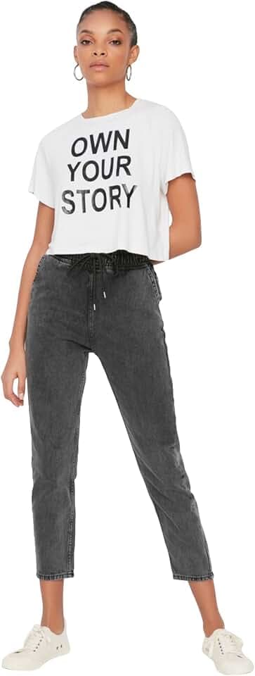 TRENDYOL Damen Jeans Anthrazit-hohe Taille Jogger Mom Jeans