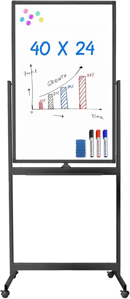 Maxtek Magnetic White Board on Wheels 40x24 Black Mobile Double-Sided Board