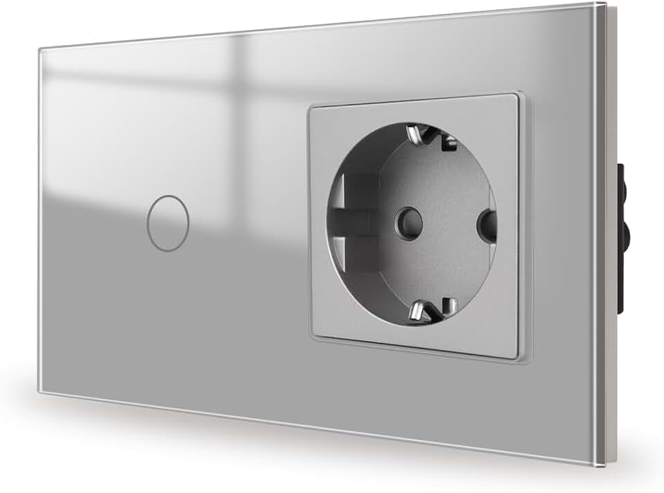 JIMEIDA Touch Lichtschalter mit Steckdose Grau Unterputz 1 Fach 1 Weg, Glas Panel und Status-LED Wandschalter,Kein Neutralleiter Erforderlich,157 * 86mm