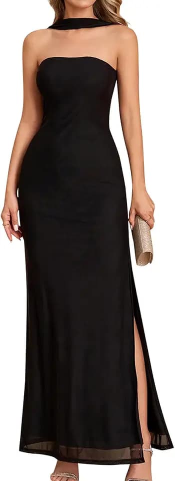 GLNEGE Formal Wedding Guest Maxi Black Tie Dresses for Women with Scarf