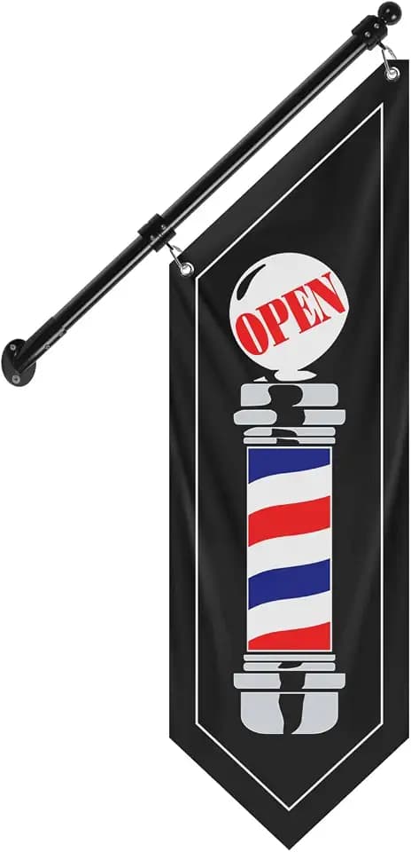 Barbershop Flag, Double-Sided Open Flag with Pole Kit & Wall Mount, Outdoor 3-Ply Thick Polyester Barber Sign for Haircut Business, 12"x42" (Black-B, 27")