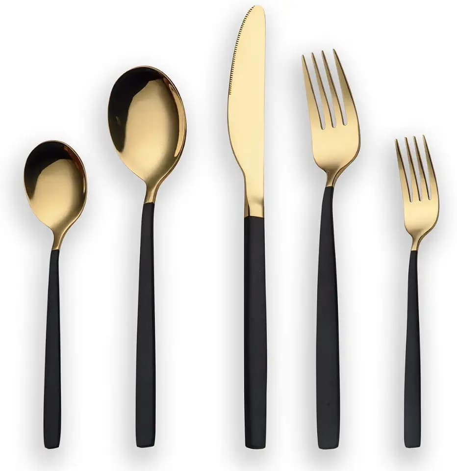 Berglander 30 Stück Edelstahl Besteck Set, Schwarzer Griff mit Gold Mund Gemischte Besteck Set Service für 6 (Schwarz, Golden)