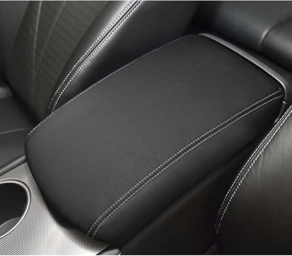 DEYTOP Console Cover for Infiniti Q50 2014-2025 Accessories Car Armrest Cover for Infiniti Q50 2025 2024 2023 2014-2021 Anti-Scratch Leather Armrest Pad Protector (Black with White Stitches)