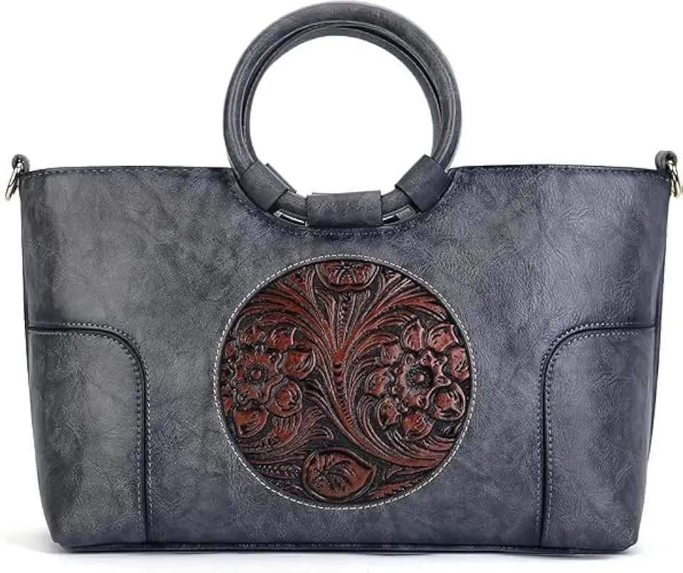 Vintage Leather Purse for Women Clutch Satchel Top-Handle Tote Bag Embossed Totem Shoulder Handbags