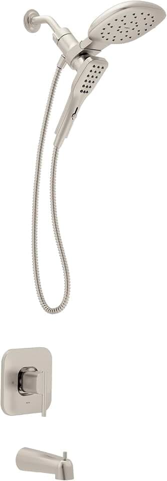 Moen Inara Spot Resist Brushed Nickel Handshower and Rainfall Shower Head with Lever Handle, Tub Spout, and Metal Hose, 84041SRN