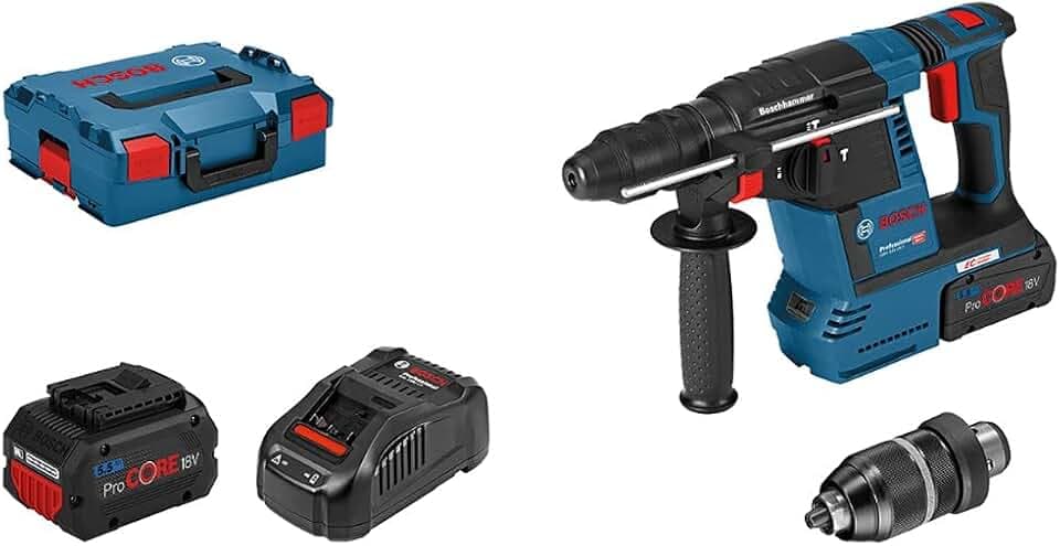Bosch PRO 18V System Akku Bohrhammer GBH 18V-26 F (2.6 Joule, SDS plus, Bohren & Meißeln, KickBack Control, inkl. 2x 5.5Ah 18V Akku, Ladegerät GAL 1880 CV, Zusatzhandgriff, L-BOXX)