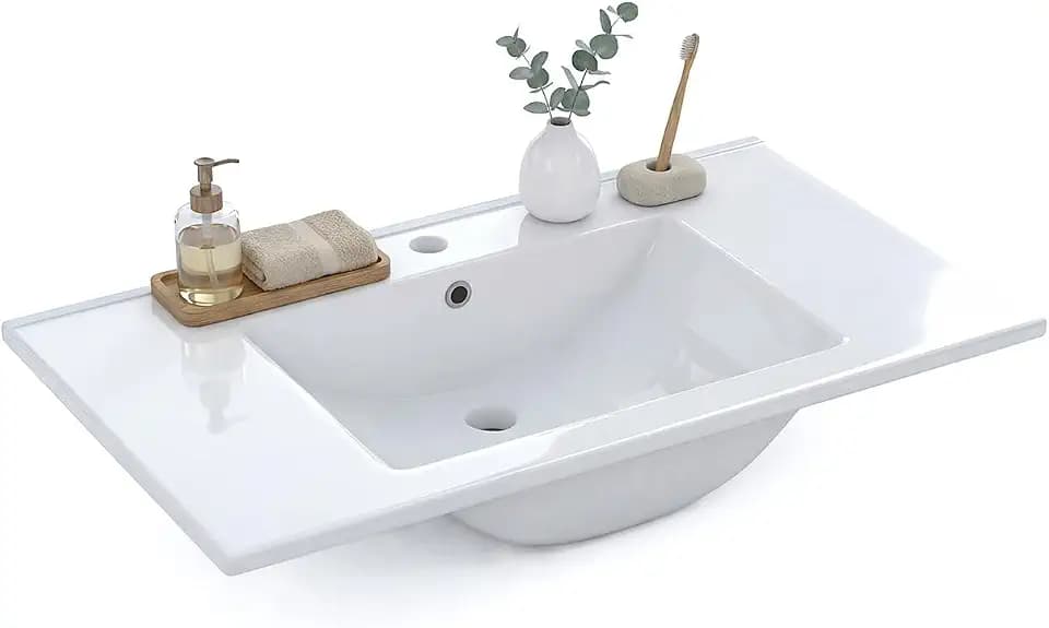 duehome Keramikwaschbecken weiß, rechteckiges Waschbecken, Modell Wolga, Maße: 81,5 cm (Breite) x 13 cm (Höhe) x 46 cm (Tiefe)
