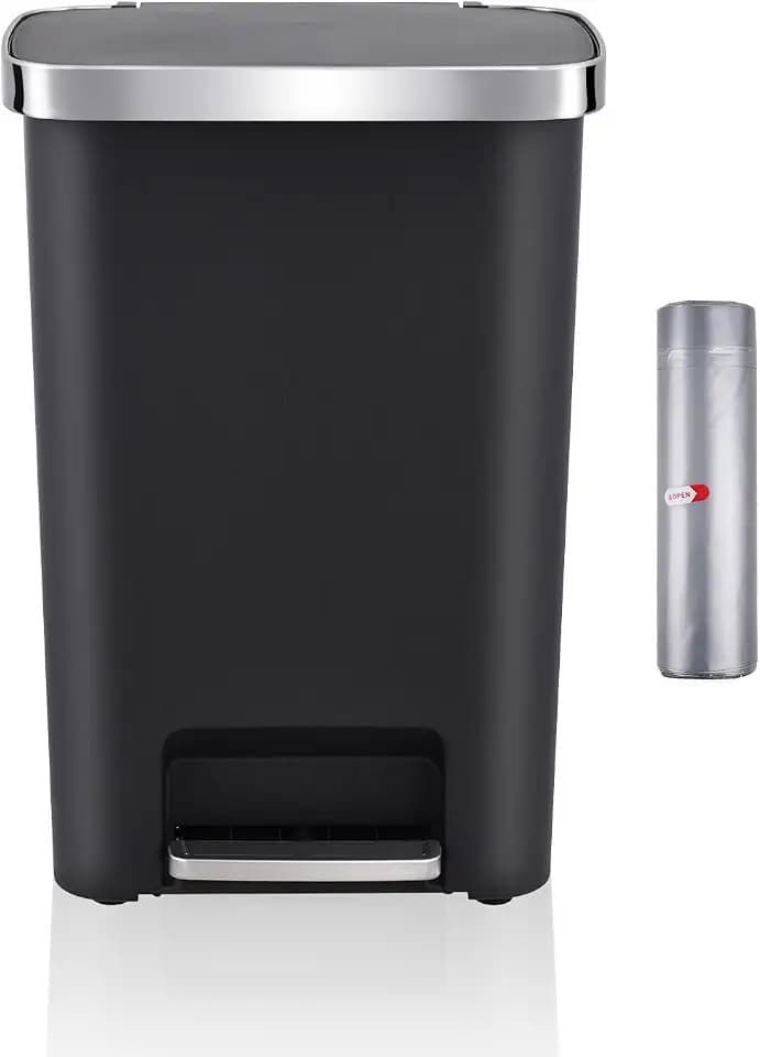 Hybrid Kitchen Trash Can, 51L/14 Gallon Rectangular Step Pedal Garbage Can, Black Plastic Lid Shox Silent Close with Liner Rim System and Liner Pocket Trash Can for Kitchen