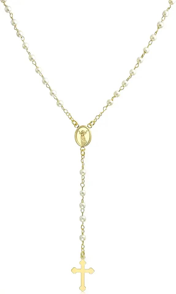 Guardian Angel Medallion Cross Faux Pearl Rosary Beads Necklace Gold Plated