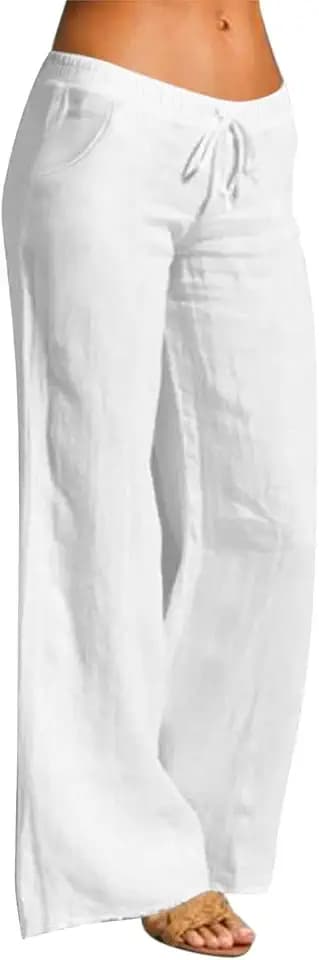Hello MrLin Leinenhose für Damen, Sommer, Baumwolle, hohe Taille, weites Bein, Hose für Damen, Kordelzug, lässig, Strand, Reisen, Palazzo-Hose