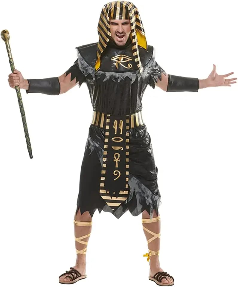 EraSpooky Pharao Kostüm Herren Eyptian Kostüm Ägypter Kleid Halloween Kostüm Kopfschmuck Schwarz Gelb L