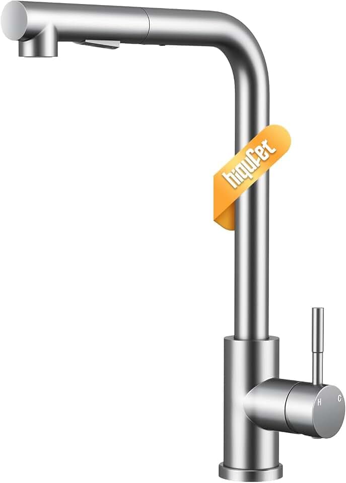 Hiqufet Wasserhahn Küche, Ausziehbare Küchenarmatur mit Sprühbrause aus Edelstahl und 2 Sprühfunktionen, 360° Schwenkbar, Einhebelmischer, Gebürstetes Nickel