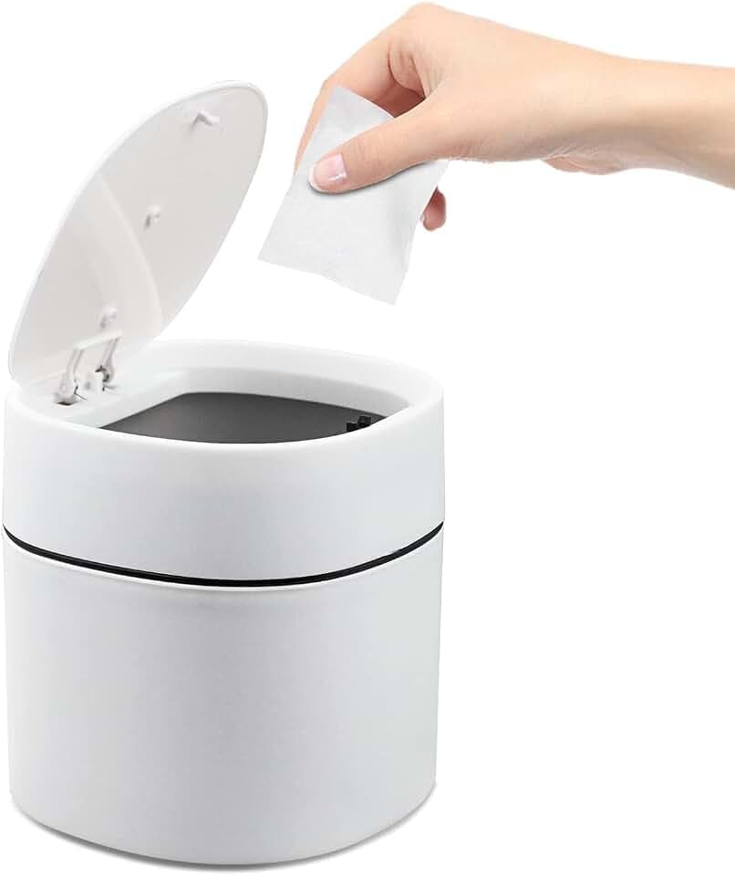 MAJOYLIFE Tischmülleimer mit Deckel, 2 Liter, Mini, 13x13x14cm, Weiß