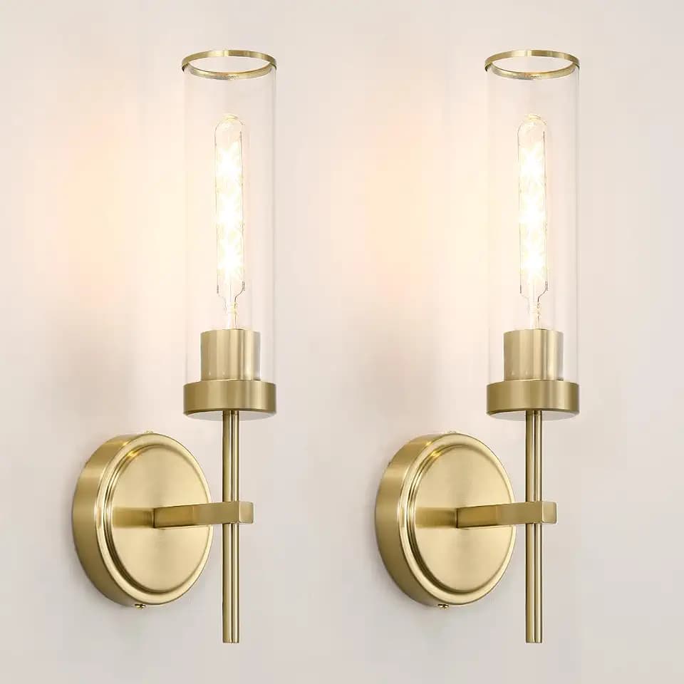 Gold Bathroom Wall Sconces Set of 2, Modern Wall Sconces Set of Two Hardwired, Bathroom Vanity Light Fixtures with Clear Glass, Gold Wall Mounted Lights for Living Room Corridor Mirror Bedroom Stairs
