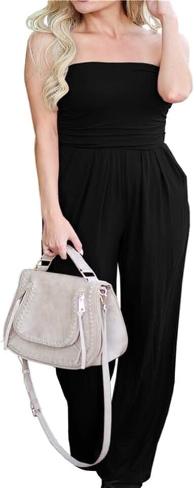 PRIMODA Women's Strapless Tube Top Jumpsuit Loose Wide Leg Long Pants One Piece Summer Romper with Pockets